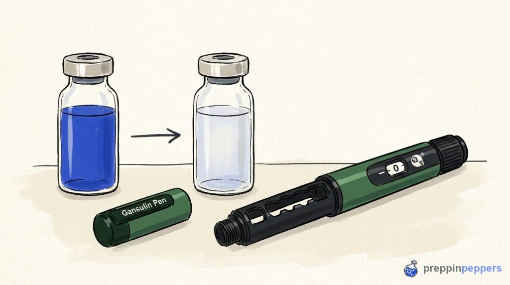 Two reconstituted vials on a bench, one deep blue and one faded clear, showing copper-peptide breakdown.