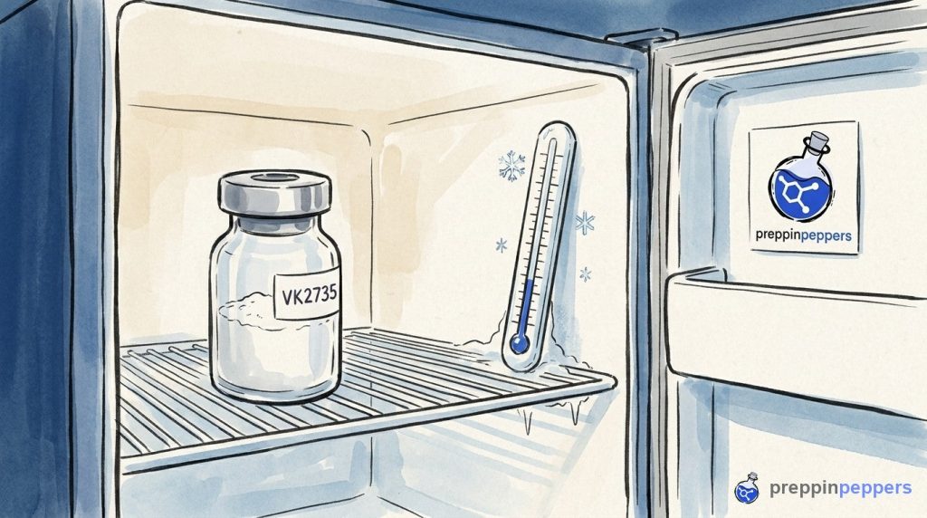 A VK2735 vial of lyophilized powder sits next to a thermometer inside a mini-fridge, illustrating cold storage rules.