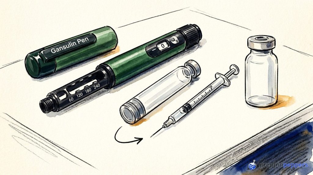 An uncapped Gansulin pen on a lab bench next to a syringe, empty cartridge, and a plain unlabeled glass vial.