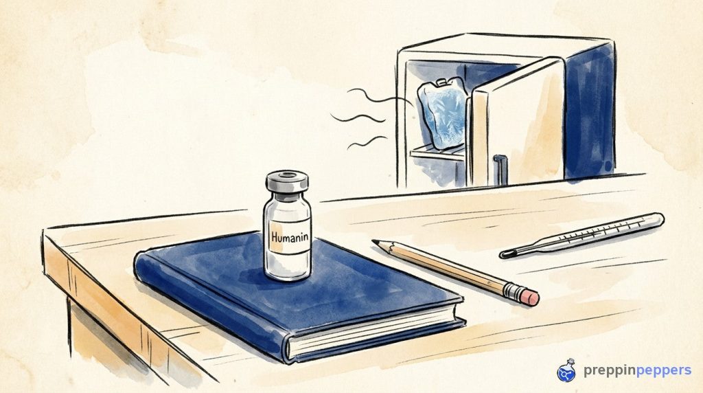 A vial labeled Humanin on a notebook next to a thermometer, with an open lab fridge and ice pack in the background.