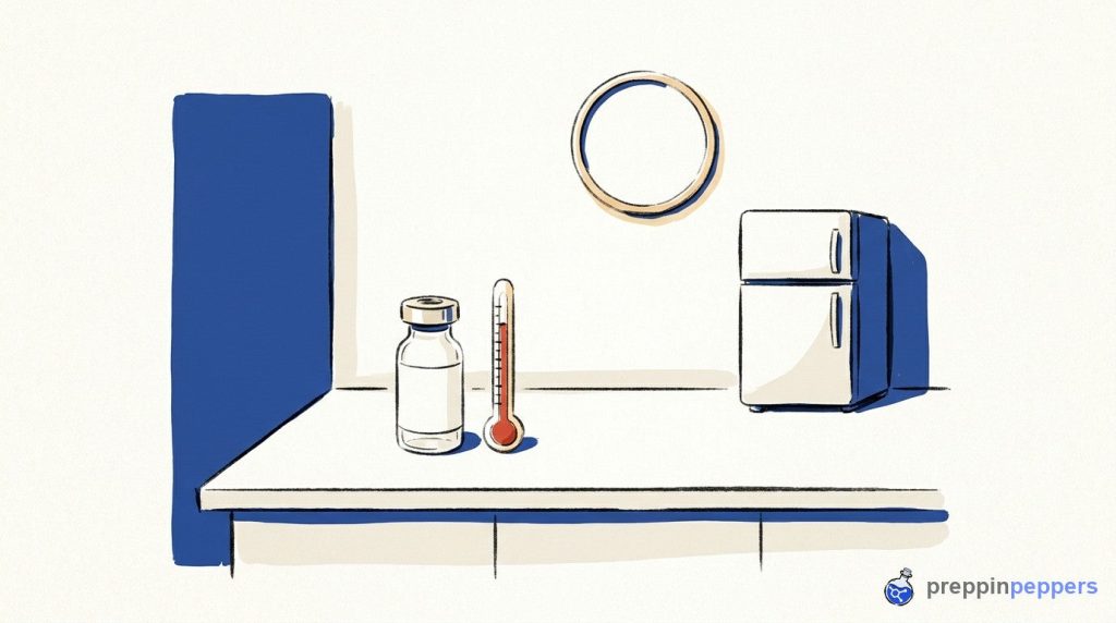 An unlabeled glass vial sits next to a thermometer on a lab bench, with a blank clock and a closed fridge nearby.