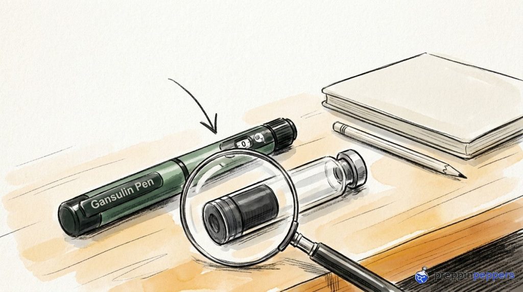 A Gansulin pen and a glass cartridge under a magnifying glass on a lab bench.