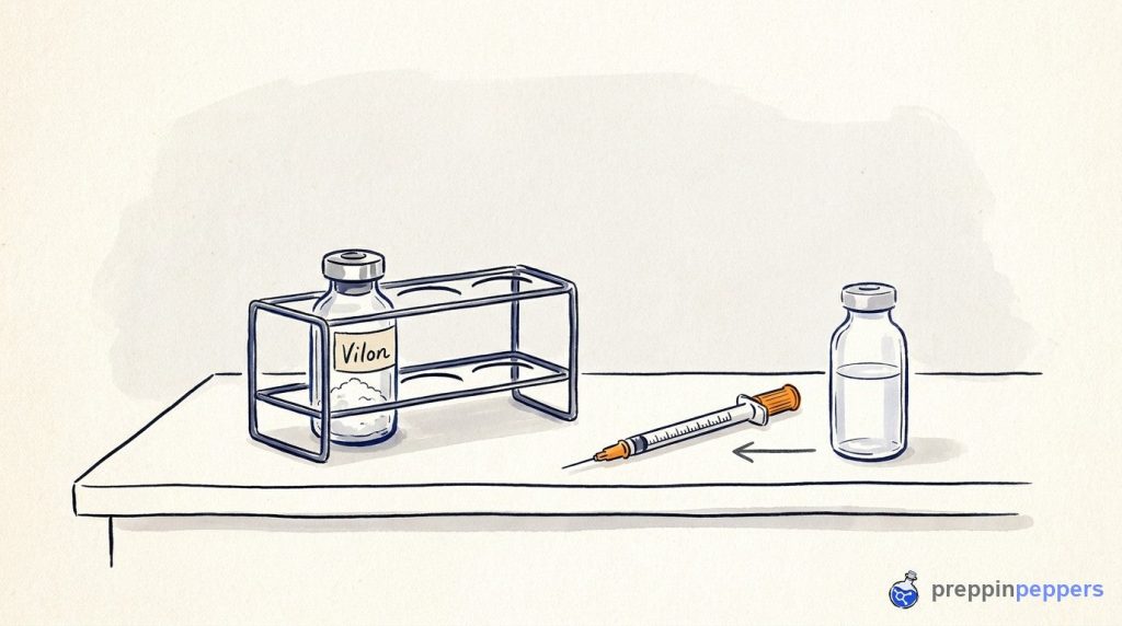 Ink-and-wash illustration of a Vilon vial next to diluent and a syringe, representing reconstitution steps.