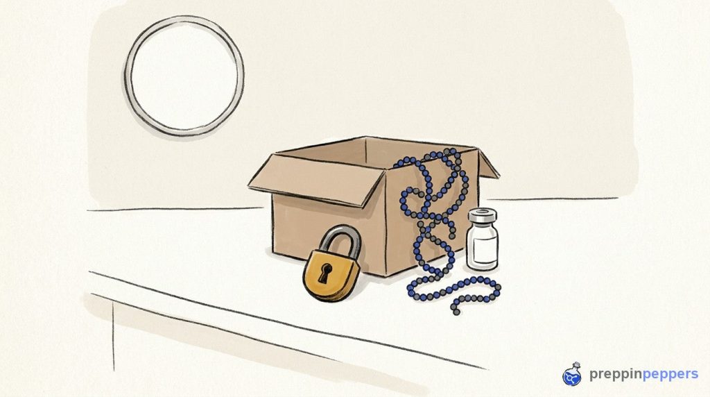A padlock sits in front of a shipping box containing a beaded chain and a plain unlabeled glass vial on a lab bench.
