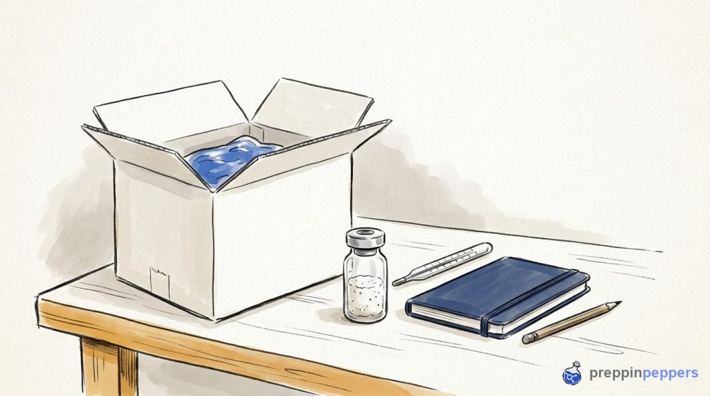 A plain unlabeled vial of lyophilized powder next to an open shipping box, ice pack, and thermometer on a lab bench.