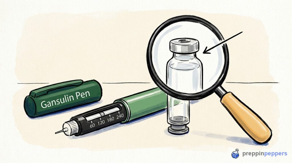 An uncapped Gansulin pen next to a glass cartridge, with a magnifying glass highlighting trapped liquid waste.