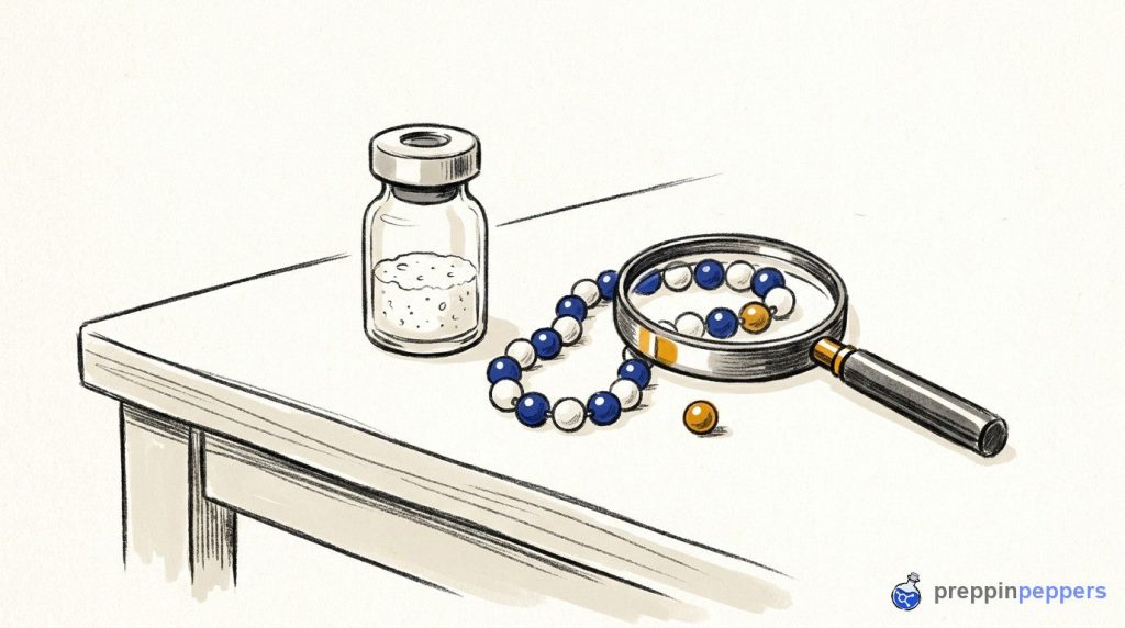A magnifying glass focusing on a beaded chain next to an unlabeled vial of lyophilized powder on a lab bench.