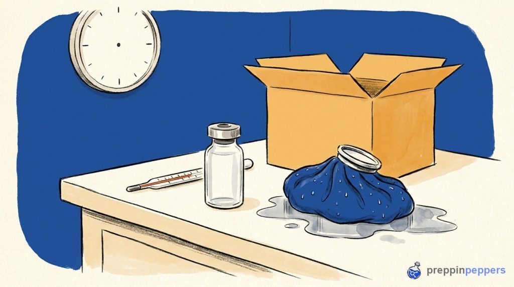 A plain unlabeled glass vial sits on a lab bench next to a thermometer, a melting ice pack, and a shipping box.