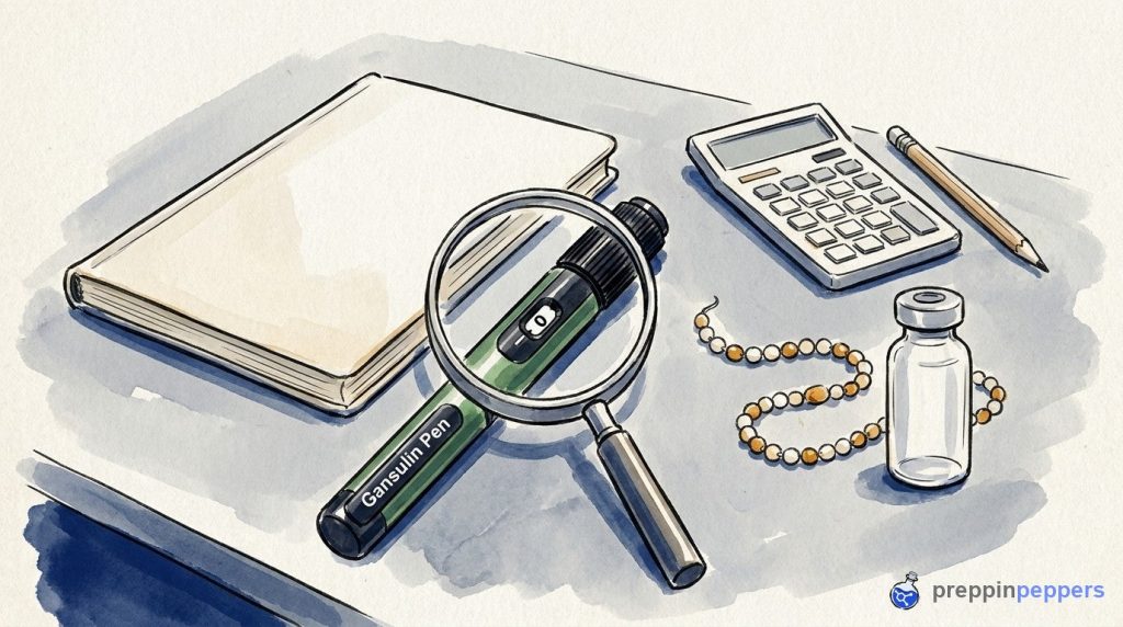 A Gansulin pen under a magnifying glass next to a blank calculator, pencil, and closed notebook on a lab bench.