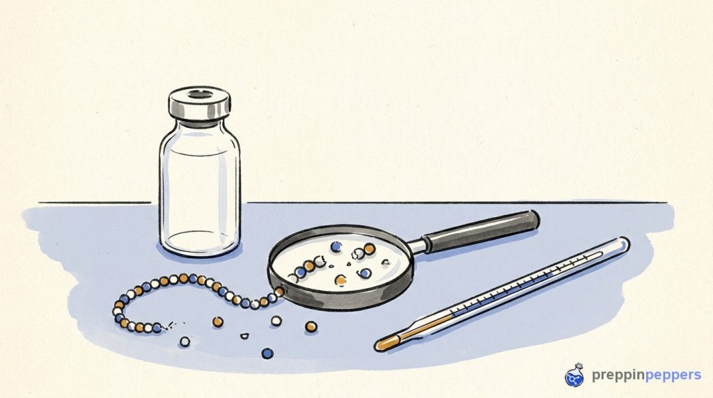An ink-and-wash drawing of an unlabeled glass vial next to a broken beaded chain and a thermometer on a lab bench.