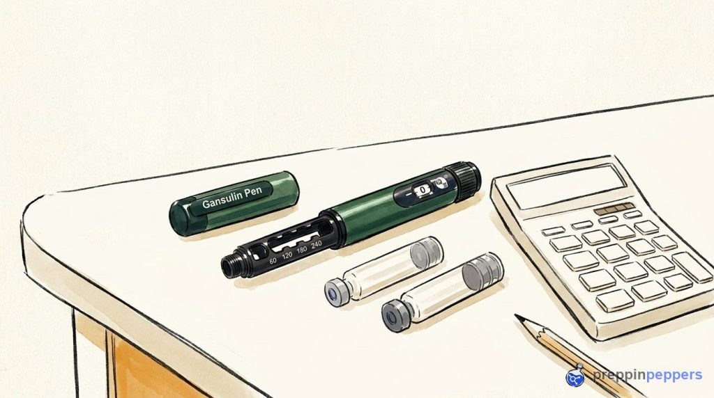 An uncapped Gansulin pen next to two different glass cartridges, a blank calculator, and a pencil on a lab bench.