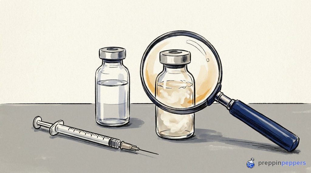 An ink-and-wash illustration of a syringe, a glass cartridge, a clear vial, and a cloudy vial under a magnifying glass.
