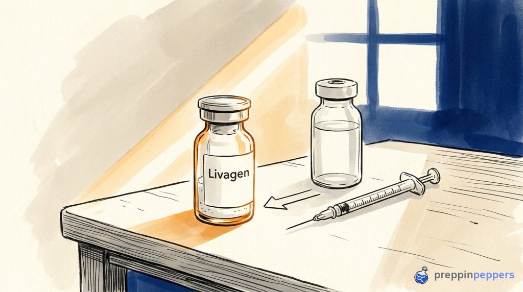 Ink-and-wash drawing of a Livagen powder vial next to a diluent vial and syringe, showing the reconstitution step.