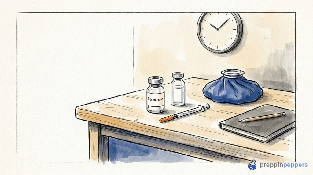 A vial of Sermorelin powder, a vial of bacteriostatic water, a syringe, and an ice pack on a lab bench.