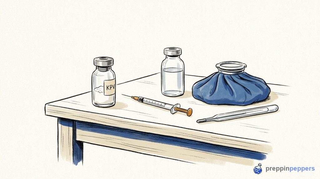 An ink-and-wash illustration of a KPV vial, syringe, unlabeled water vial, ice pack, and thermometer on a lab bench.