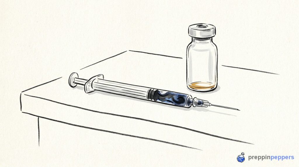 Close-up of a fully depressed syringe with liquid trapped in the needle hub next to an empty unlabeled vial.