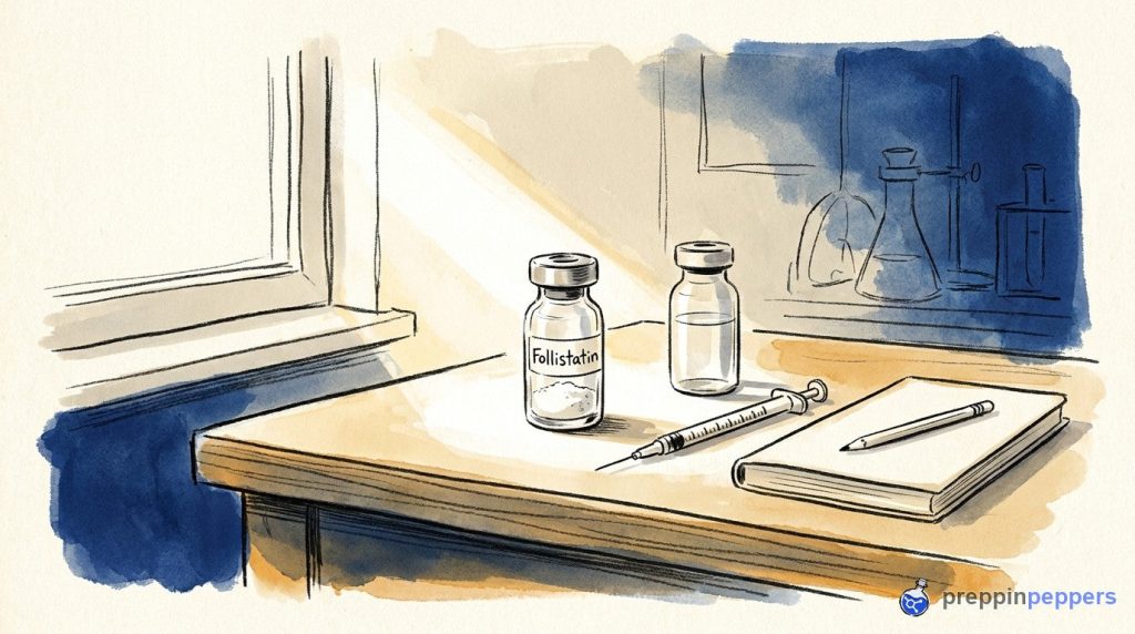 A labeled Follistatin vial, an unlabeled liquid vial, a syringe, and a notebook on a sunlit lab bench.