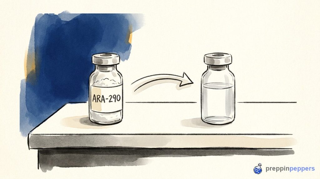 Reconstituting ARA-290 peptide, showing the transition from lyophilized powder to a clear liquid solution.
