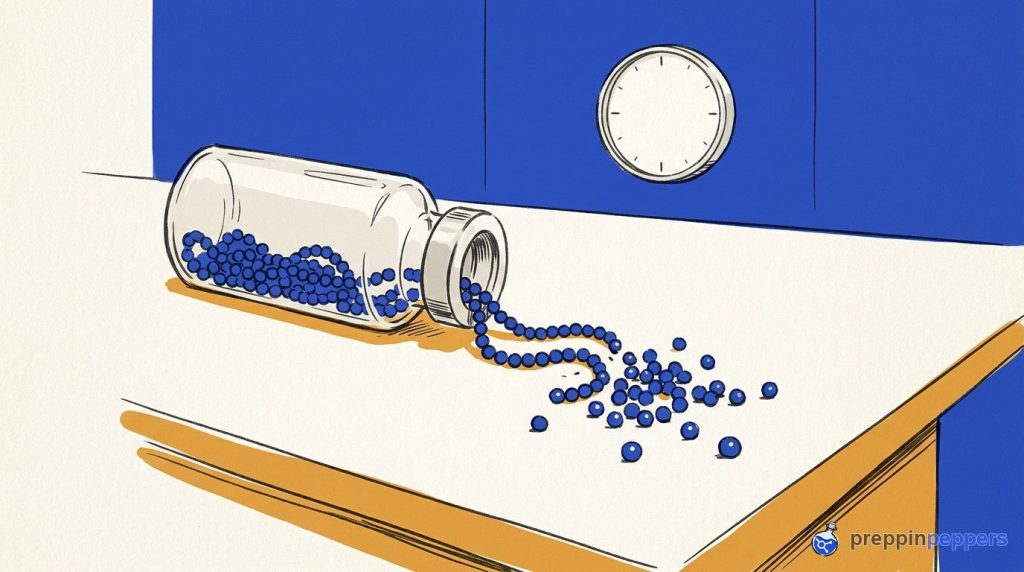 A beaded chain representing a peptide spills from a tipped unlabeled vial, unraveling into loose, scattered beads.