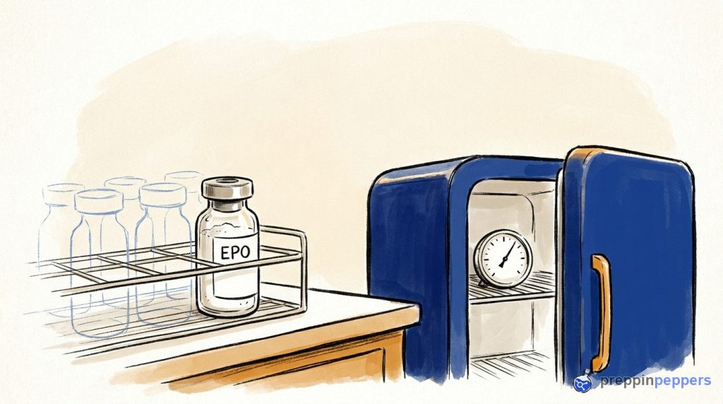 An EPO vial in a wire rack on a lab bench next to an open lab fridge with a thermometer.