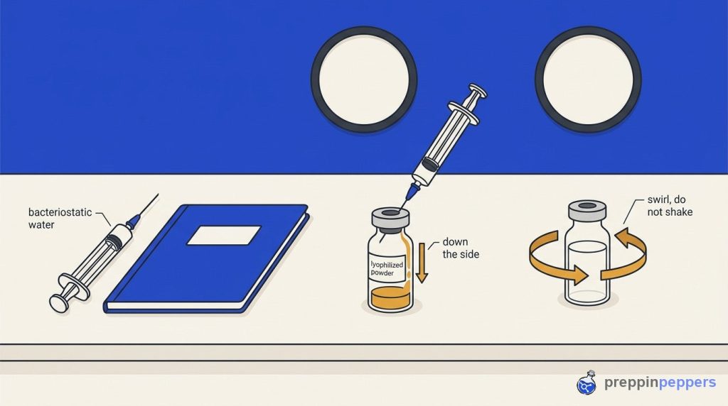 Three-step diagram on a lab bench showing the reconstitution process from syringe to swirled vial.