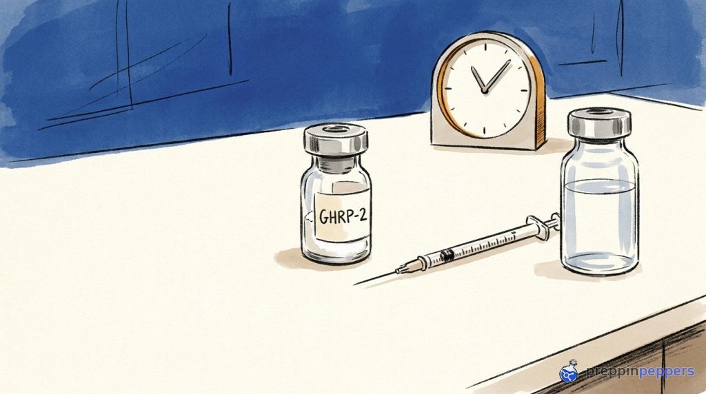 A GHRP-2 vial, an unlabeled vial of liquid, and an insulin syringe on a lab bench beside a clock.