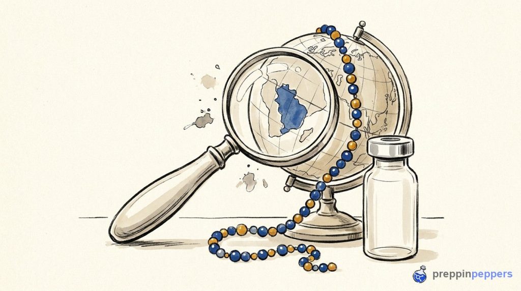A magnifying glass inspecting a globe alongside a peptide chain, symbolizing increased scrutiny of global sourcing.