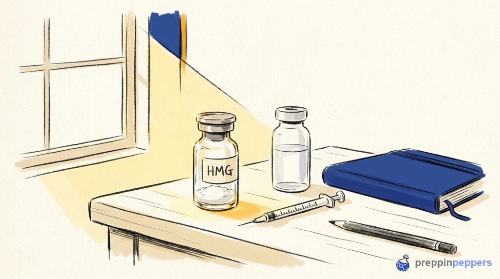 An HMG vial, a plain unlabeled vial of liquid, and a syringe on a sunlit lab bench.