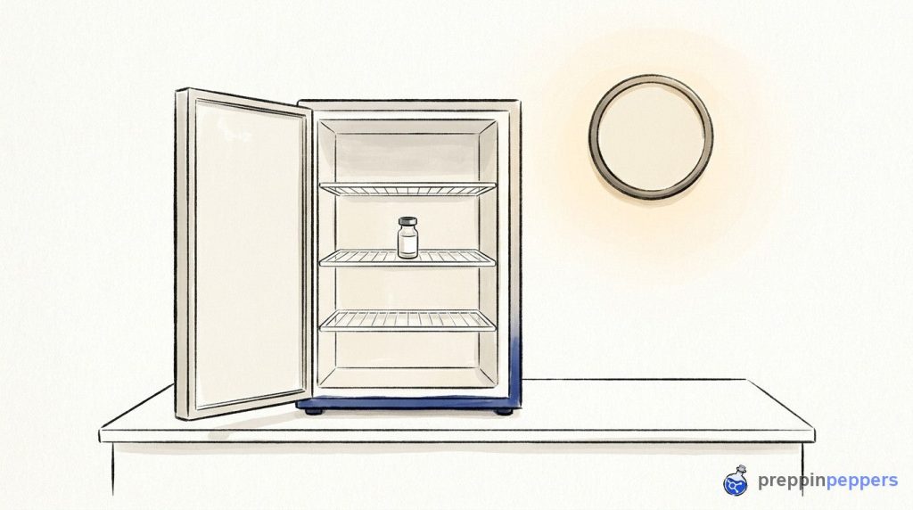 An empty lab fridge holding only a single unlabeled vial, illustrating the research GLP-1 supply crunch.