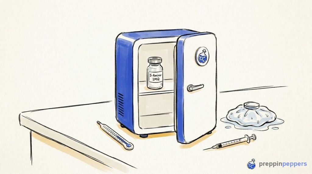 An open lab mini-fridge on a bench holding a vial of 5-Amino-1MQ, alongside a thermometer, syringe, and ice pack.