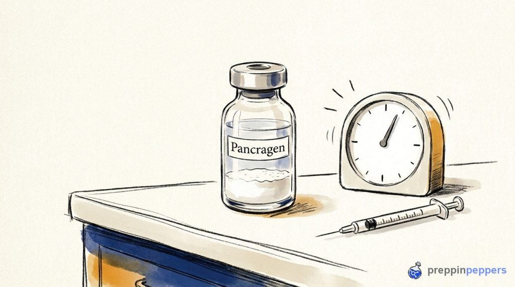 A Pancragen vial undergoing reconstitution next to a timer, illustrating the passive dissolving phase.