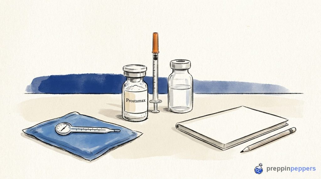 A Prostamax vial, bacteriostatic water, and a syringe on a lab bench next to an ice pack and thermometer.