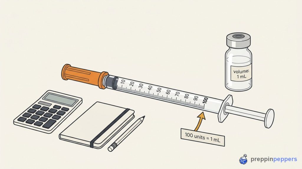Diagram of a U-100 syringe and a 1 mL vial on a lab bench with a calculator, showing unit-to-volume conversion.