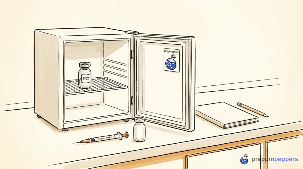 An open mini-fridge holding a P21 vial next to a syringe and notebook on a lab bench.