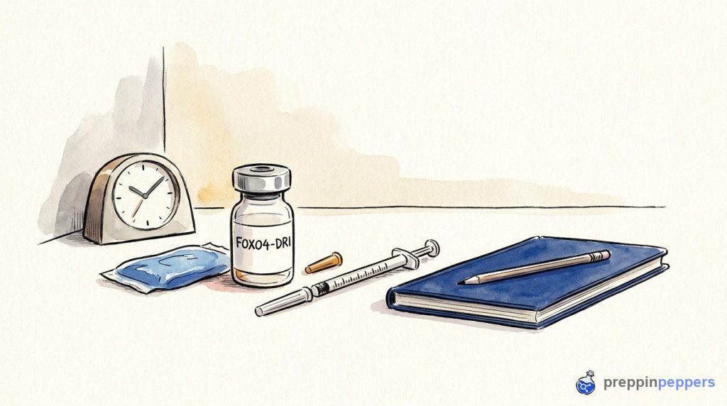 A labeled FOXO4-DRI vial, syringe, ice pack, clock, and notebook on a lab bench in an ink-and-wash style.