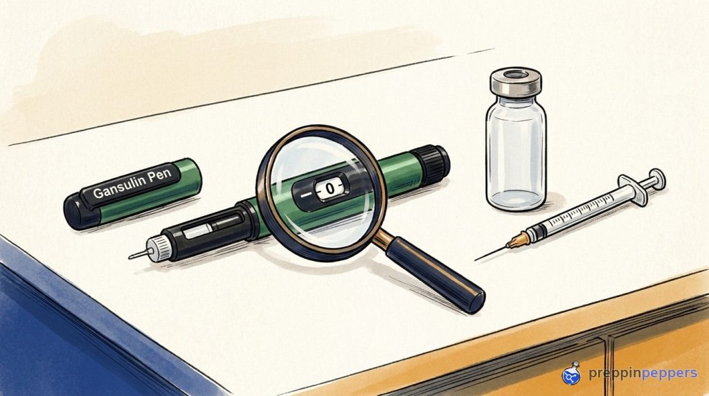 A magnifying glass highlights a Gansulin pen's fixed cartridge beside a plain vial and syringe for custom dilution.