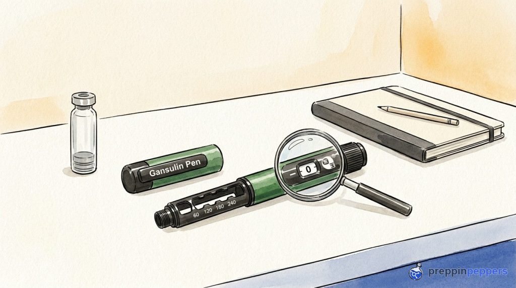 An uncapped Gansulin peptide pen on a lab bench next to a magnifying glass, a plain notebook, and a glass vial.