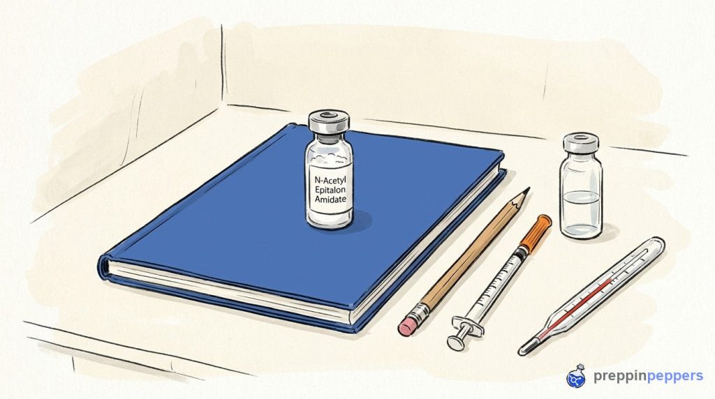 A vial of N-Acetyl Epitalon Amidate on a notebook next to a syringe, an unlabeled vial, and a thermometer.
