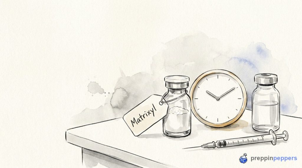A labeled Matrixyl vial, an unlabeled vial of liquid, a syringe, and a small clock on a lab bench.
