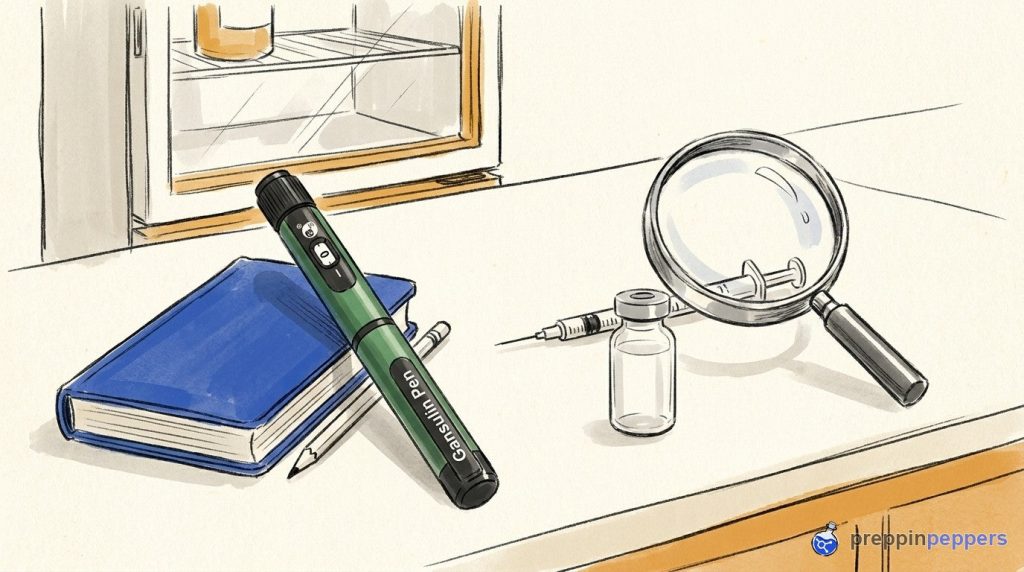 A capped Gansulin pen, a fine insulin syringe, a magnifying glass, and an unlabeled vial on a lab bench.