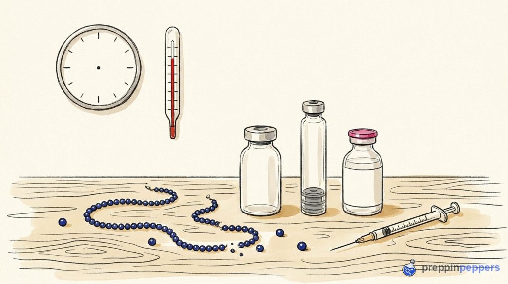 An ink-and-wash illustration of reconstitution tools next to a thermometer, clock, and a broken beaded chain.