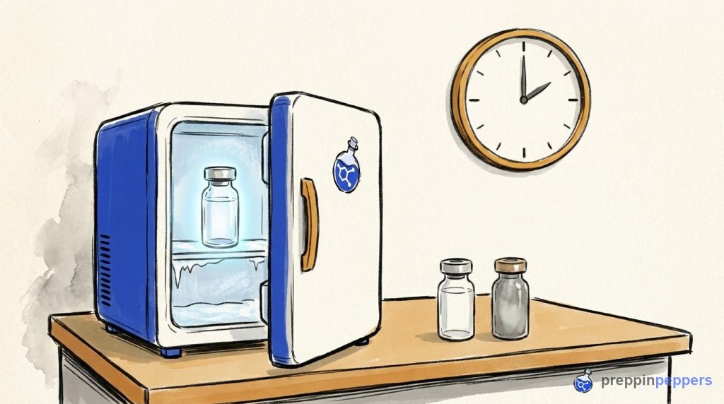 A comparison of a protected vial inside a mini-fridge and a degraded, faded vial left out on a warm lab bench.