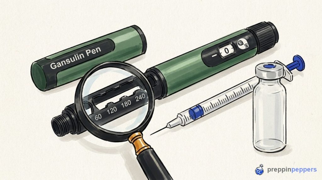 An uncapped Gansulin pen next to a magnifying glass, a fine insulin syringe, and an unlabeled vial on a lab bench.