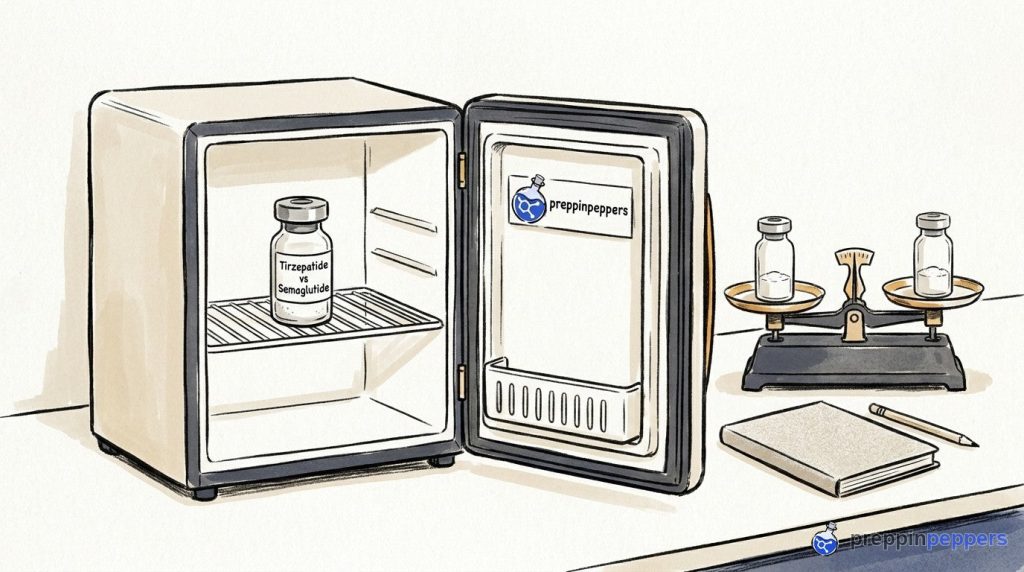 An ink-and-wash illustration of a lab fridge with a labeled vial next to a balance scale holding two vials.