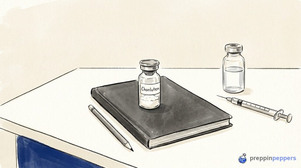 A Chonluten vial on a notebook next to a syringe and a plain vial of diluent on a lab bench.