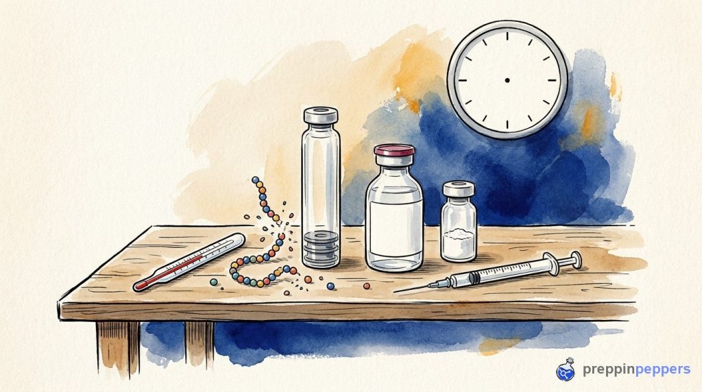 Ink-and-wash illustration of a lab bench with a cartridge, vials, syringe, a scattering beaded chain, and a thermometer.