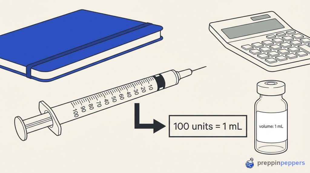 Diagram of a U-100 syringe and a 1 mL vial illustrating the mathematical equivalence of 100 units to 1 milliliter.