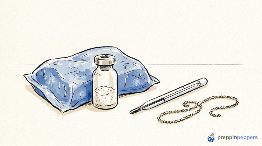 A plain unlabeled vial of white powder next to an ice pack, thermometer, and a coiled beaded chain on a lab bench.