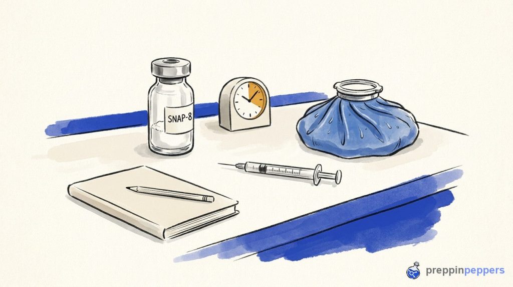 A labeled SNAP-8 vial on a lab bench next to a syringe, ice pack, small clock, and notebook.