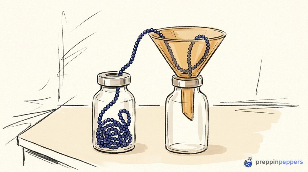 Ink-and-wash drawing of a beaded chain stuck between two unlabeled glass vials and a funnel on a lab bench.